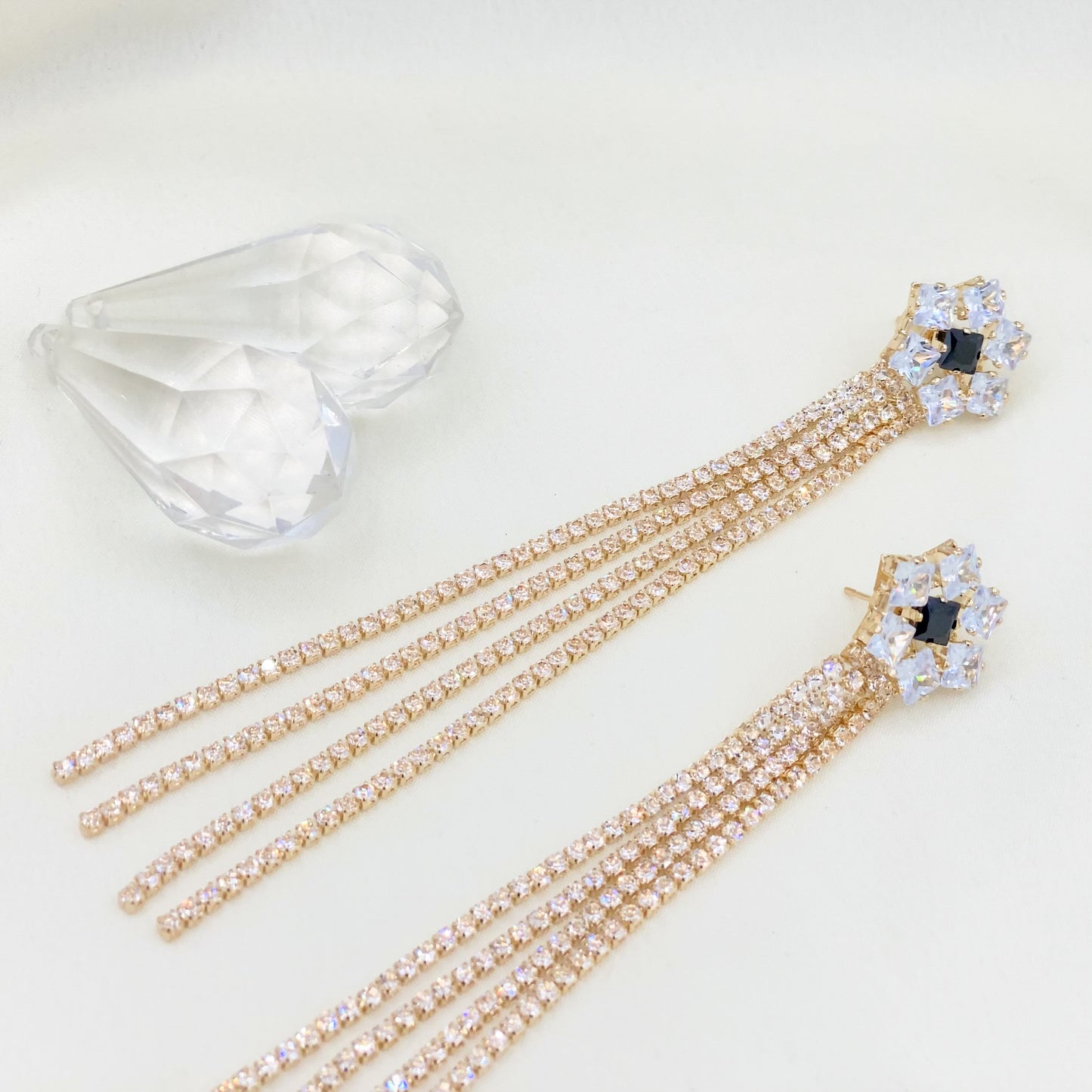 Black White Crystal Tassel Earrings