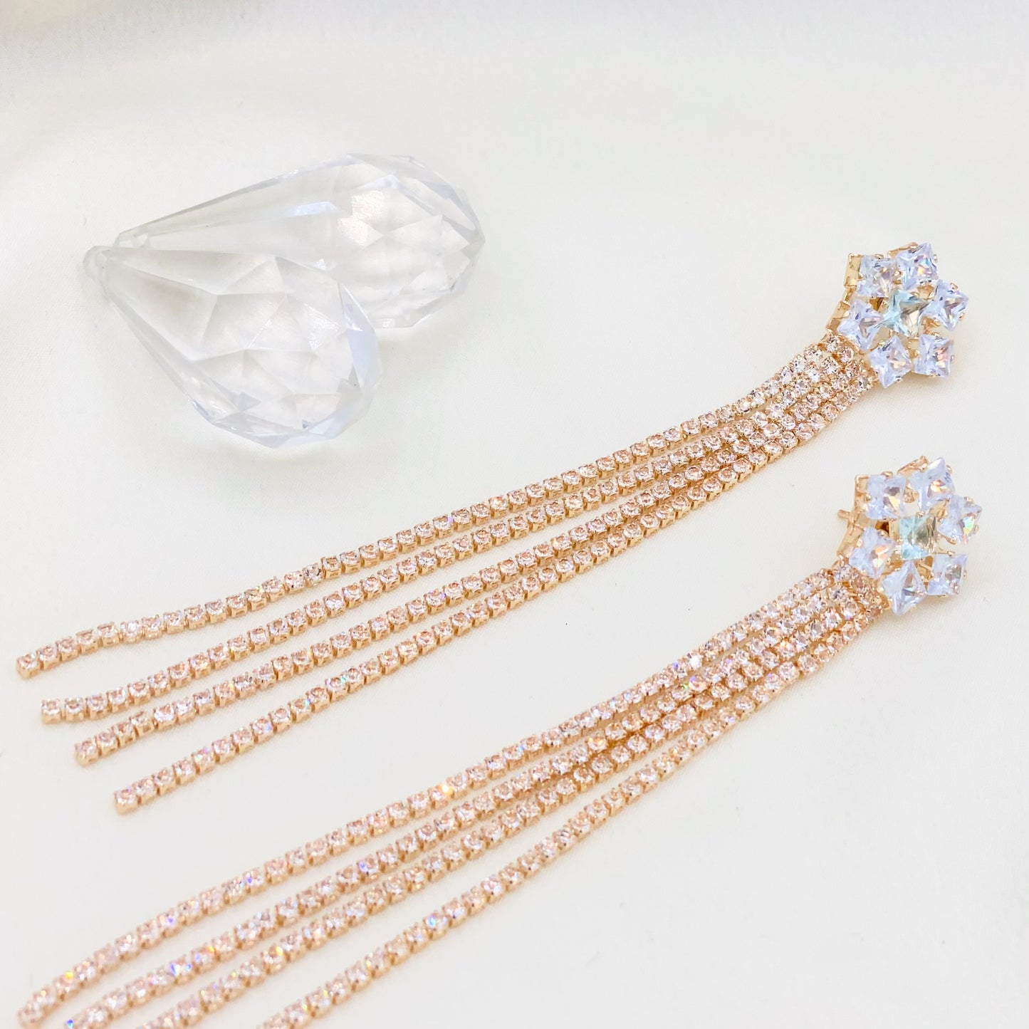 White Crystal Tassel Earrings