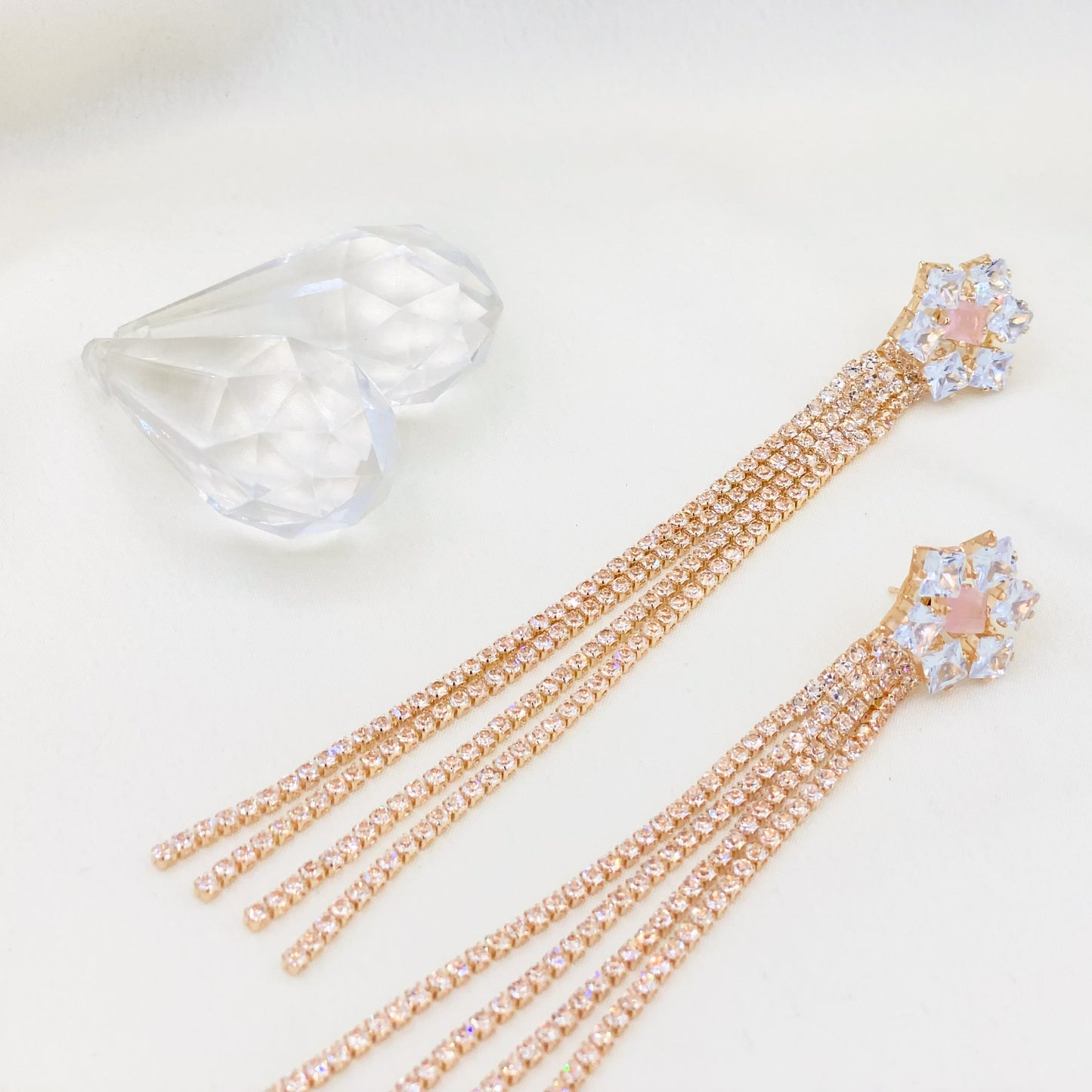 Pink White Crystal Tassel Earrings