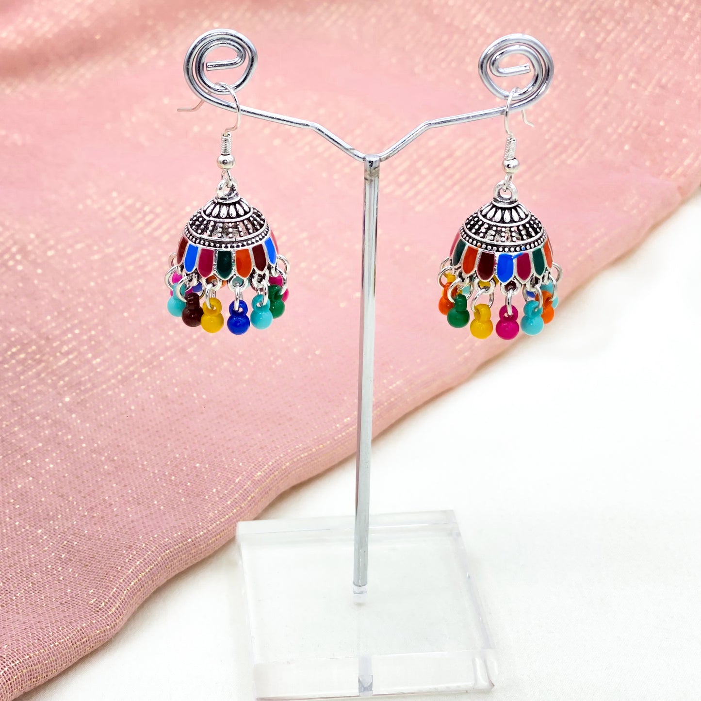 Satrangi Bead Silver Jhumki