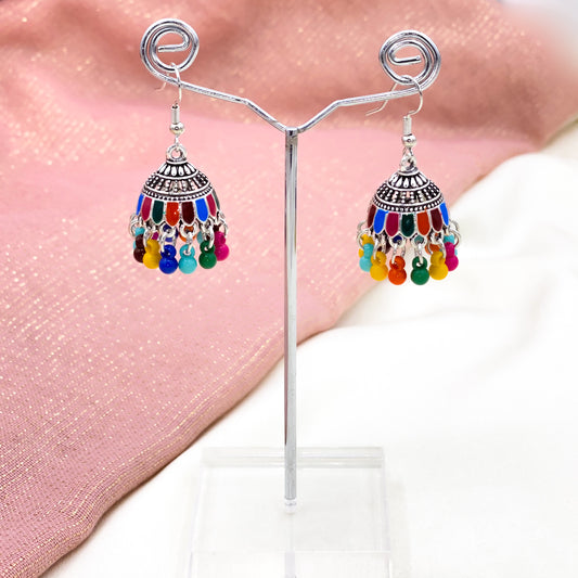 Satrangi Bead Silver Jhumki