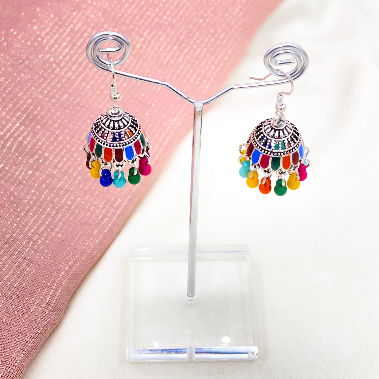 Satrangi Bead Silver Jhumki