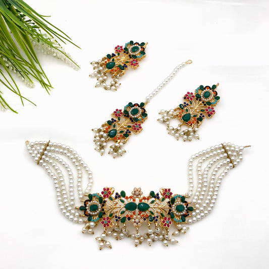 Naqshi Nauratan Choker Set with Tika